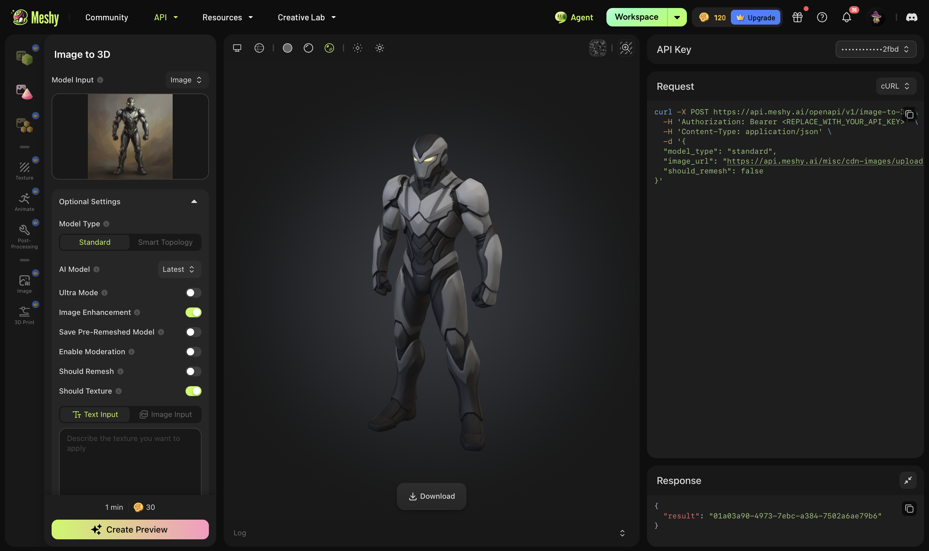 The Meshy API Playground: request settings and reference image on the left, the generated 3D model in the centre, and the live cURL request and JSON response on the right