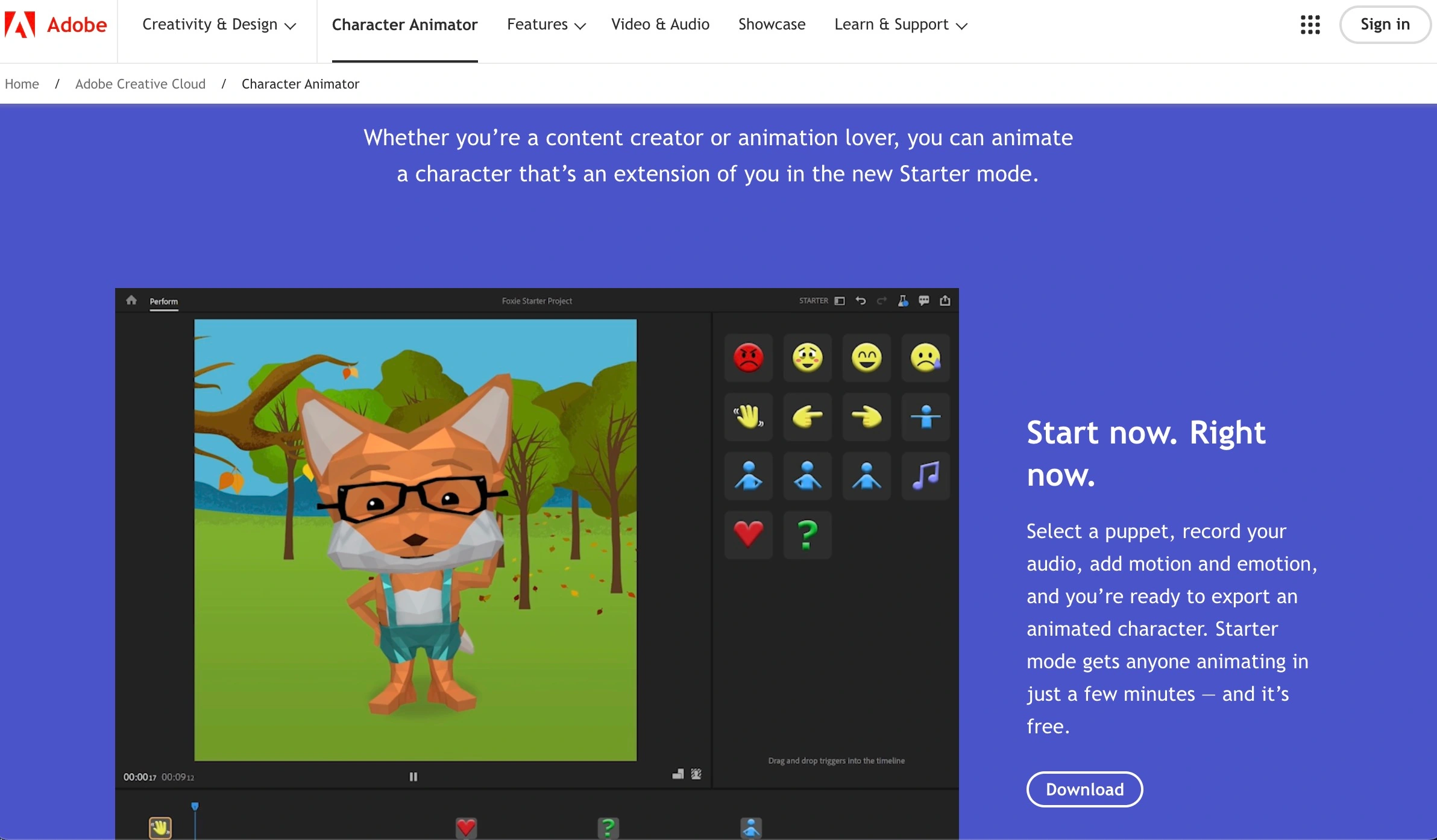 Adobe Character Animator's homepage
