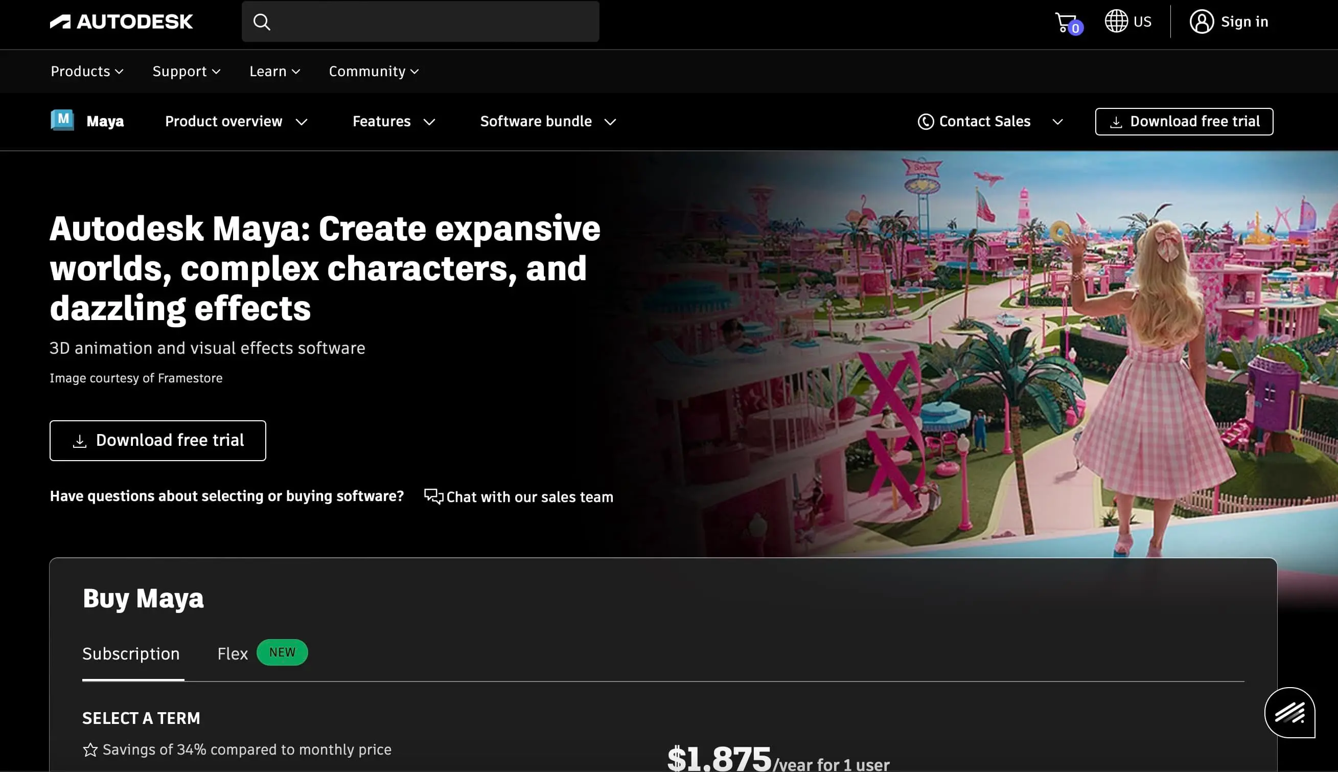 Autodesk Maya's homepage