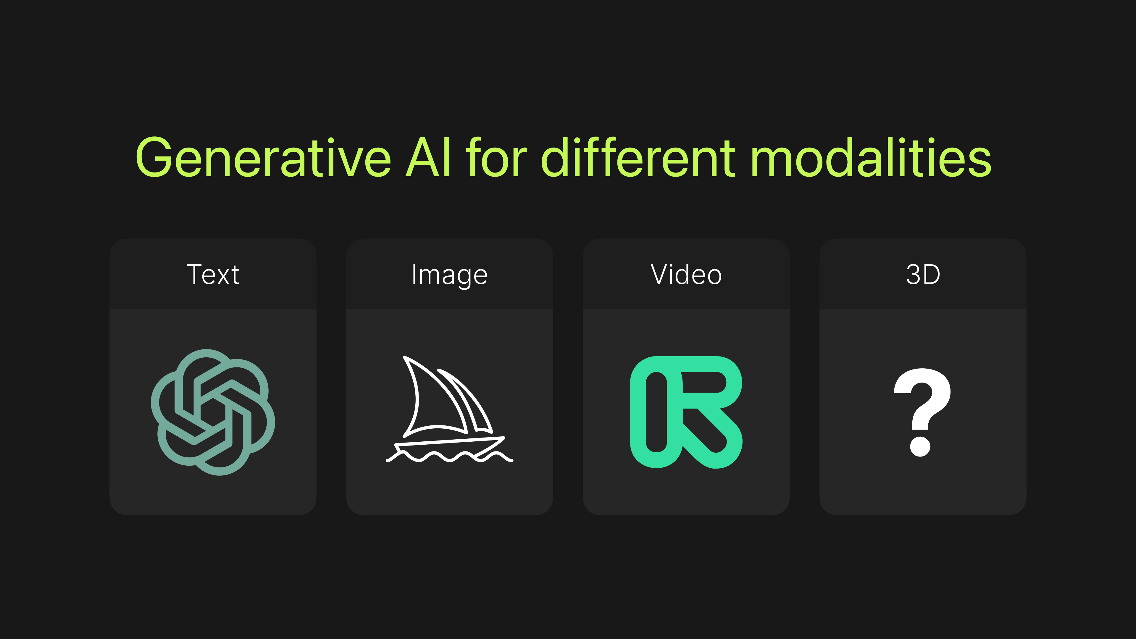 Diferentes modalidades de produtos de IA generativa, desde texto, imagem até vídeo, e talvez para 3D?