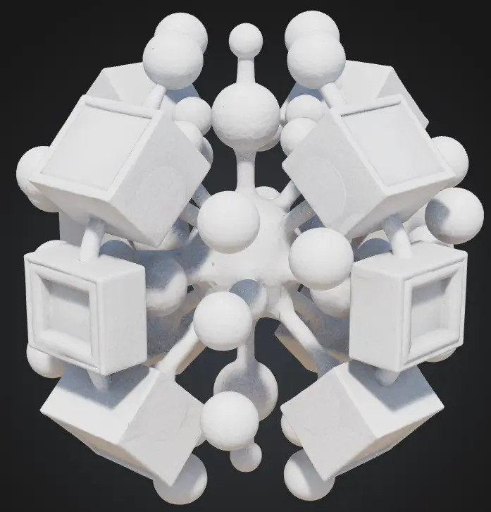3D abstract sculpture of smooth, polished cubes and spheres interconnected in a geometric pattern