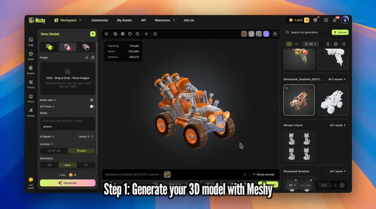 Passo 1 Gere seu modelo 3D com o meshy