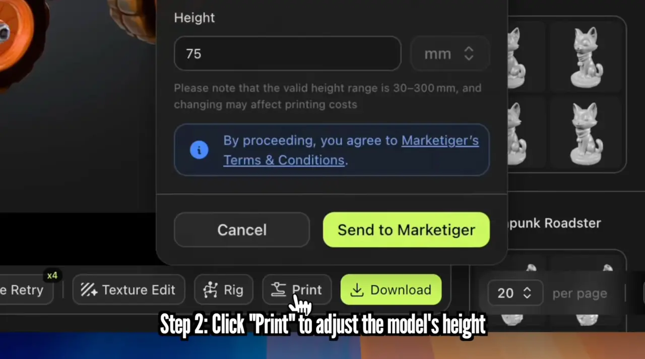 Passo 2 Clique em 'Print' para ajustar a altura do modelo