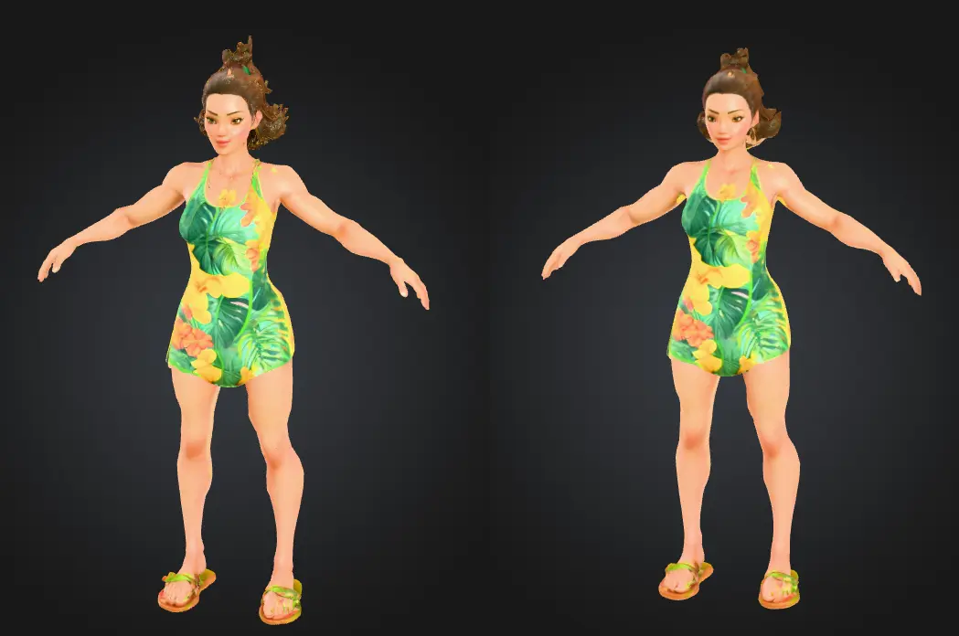 Personagem gerado de 2D para 3D de jogo point-and-click com vestido tropical