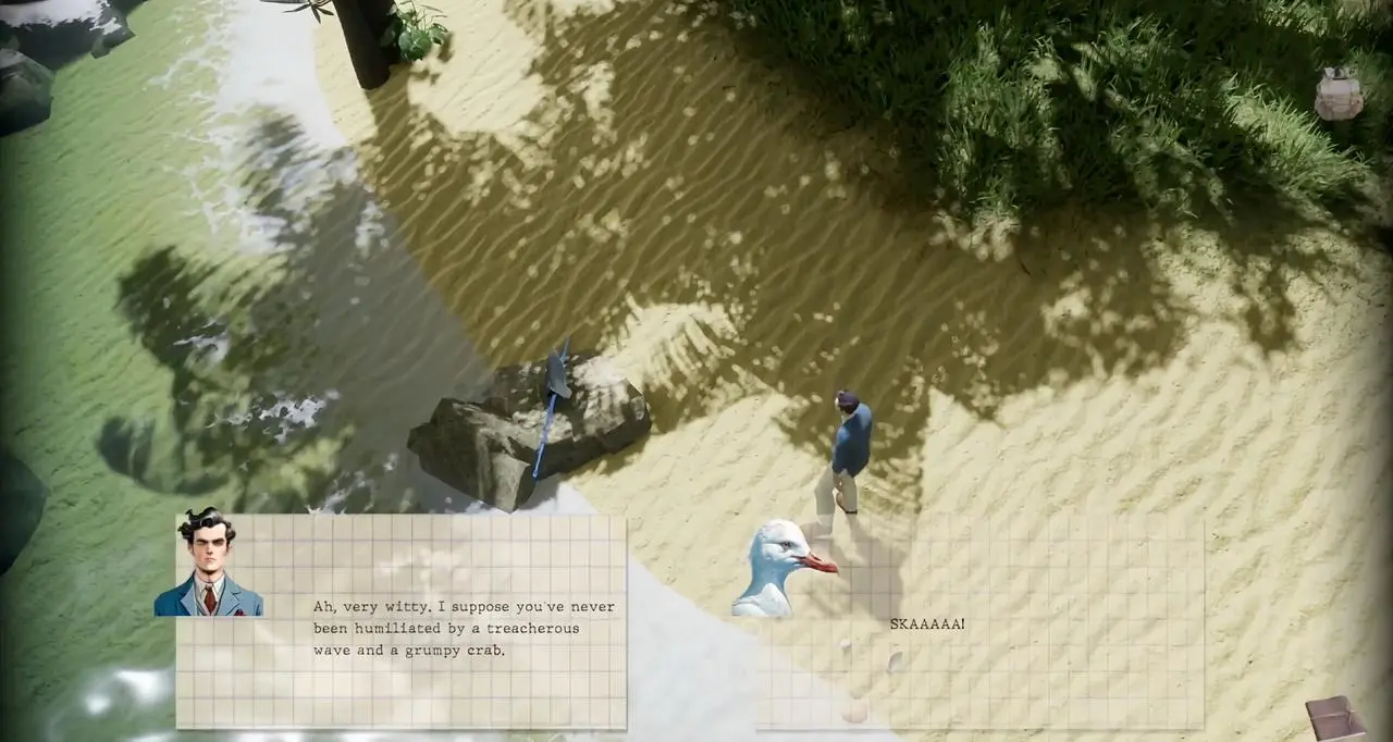 Diálogo de praia em jogo point-and-click com personagem espirituoso e gaivota