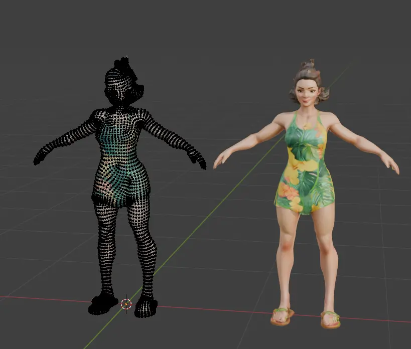 Malha otimizada vs personagem texturizado no Blender para jogo point-and-click