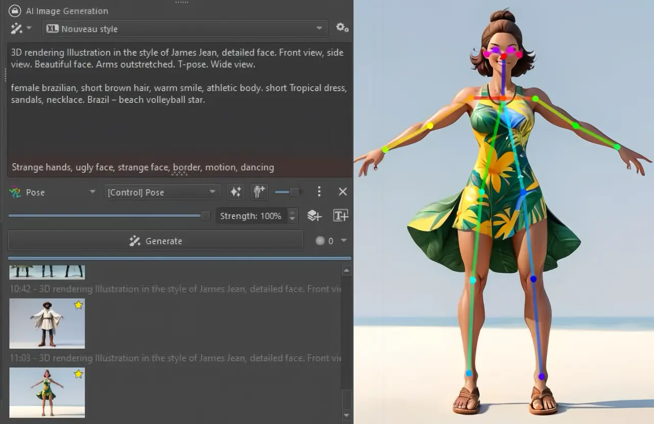 Geração de personagem de jogo point-and-click com modelo de vestido tropical