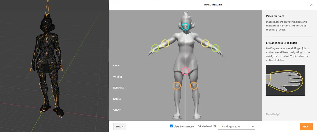 Jogo point-and-click Mixamo auto-rigging para animação de personagem
