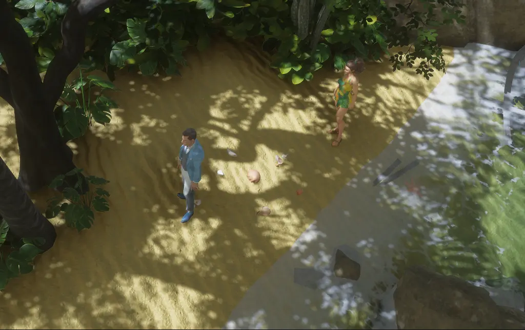 Jogo point-and-click cena Unity com múltiplos personagens na praia