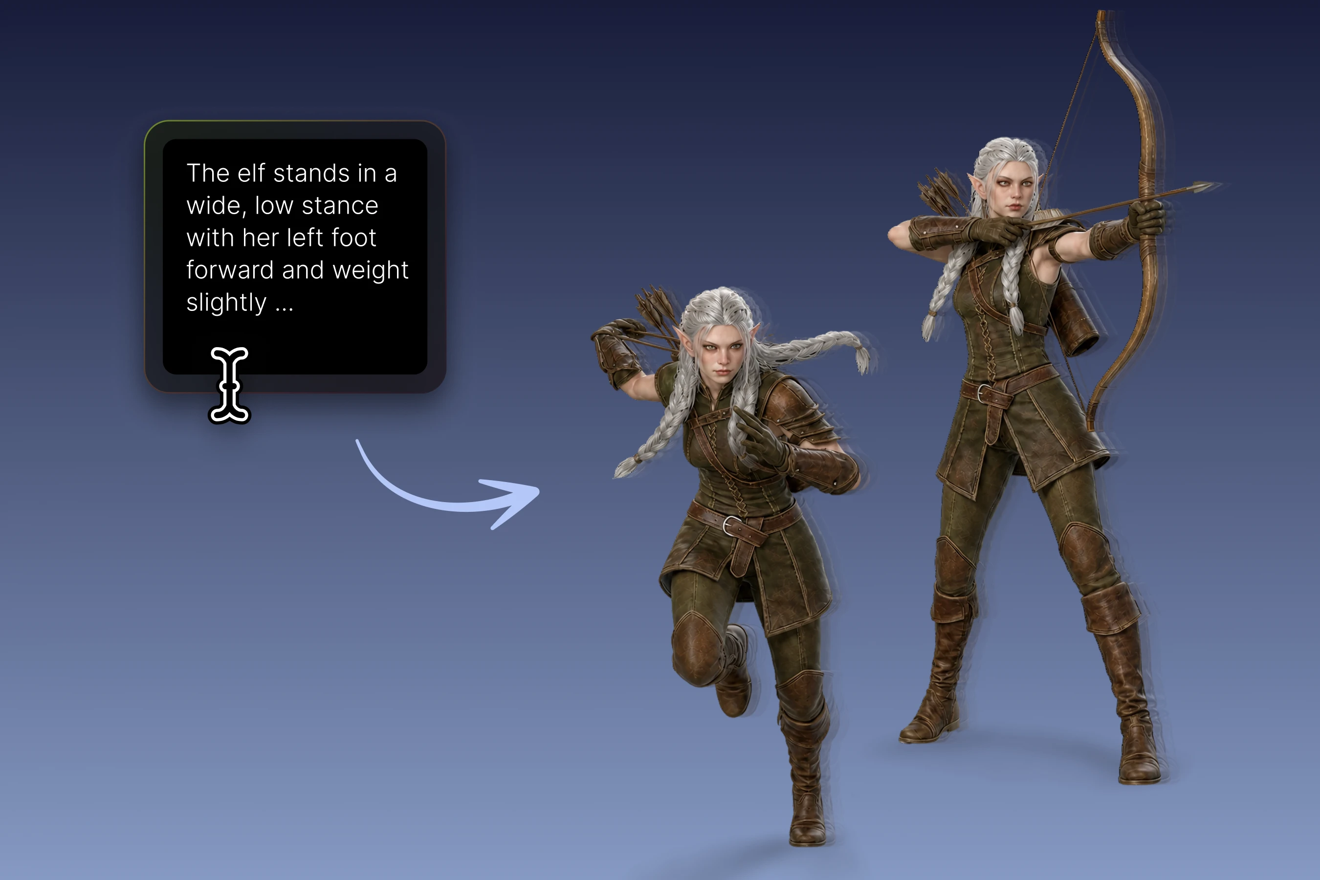 A text prompt turned into a custom character animation with Meshy