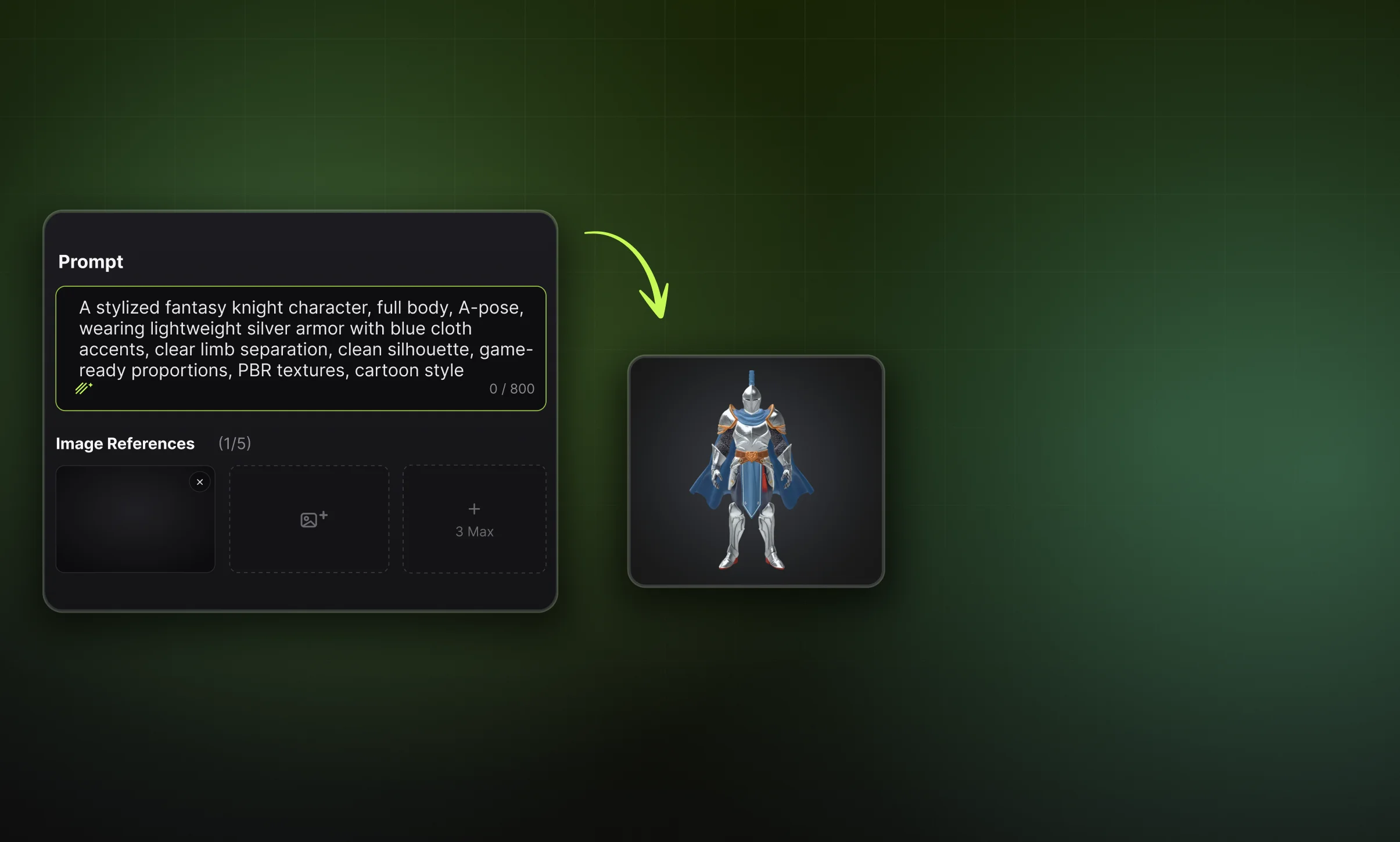 Meshy prompt box generating a 3D animation character from the prompt "a stylized fantasy knight in silver armor, A-pose"