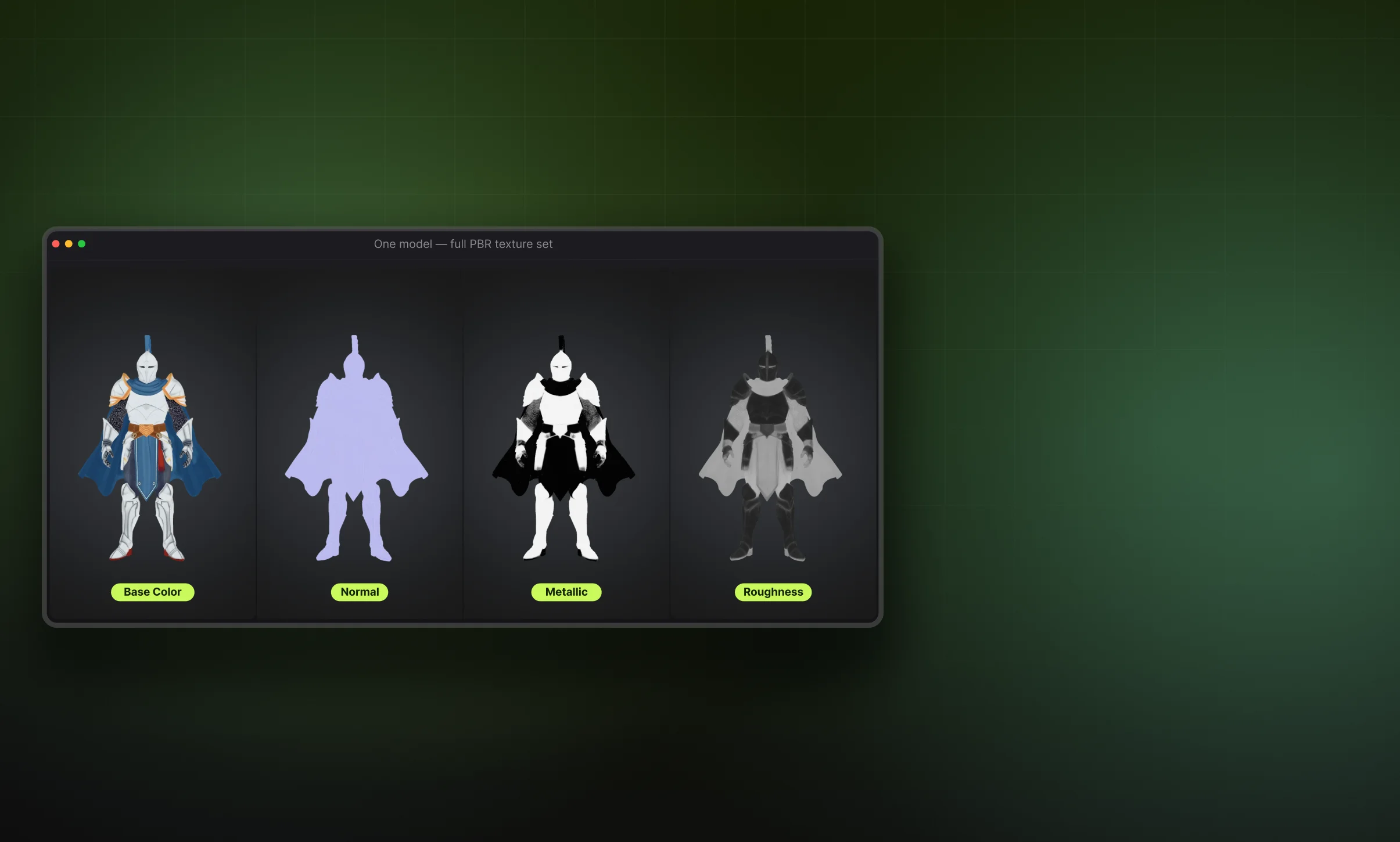 A 3D knight character shown as four PBR maps — base color, normal, metallic, and roughness