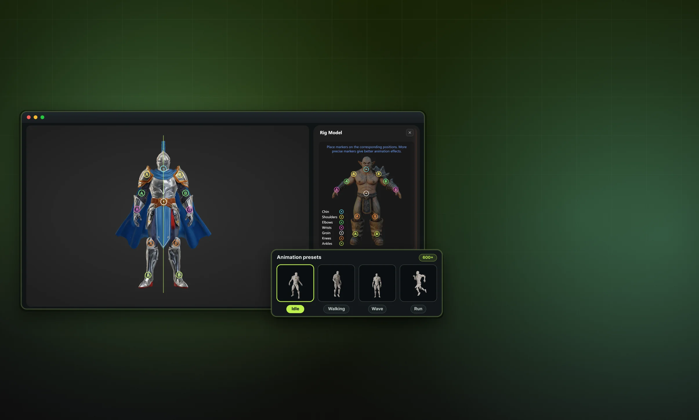 3D knight auto-rigged with joint markers beside Meshy's 600+ animation presets — idle, walking, wave, and run