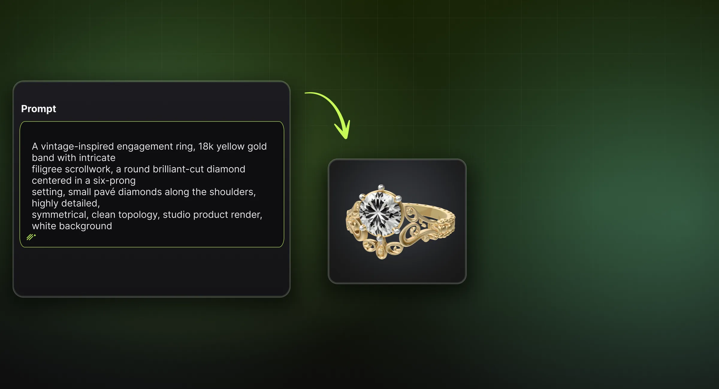 Boîte de saisie Meshy générant un modèle 3D de bijou : une bague de fiançailles inspirée du vintage en or 18 carats avec un diamant à taille brillant