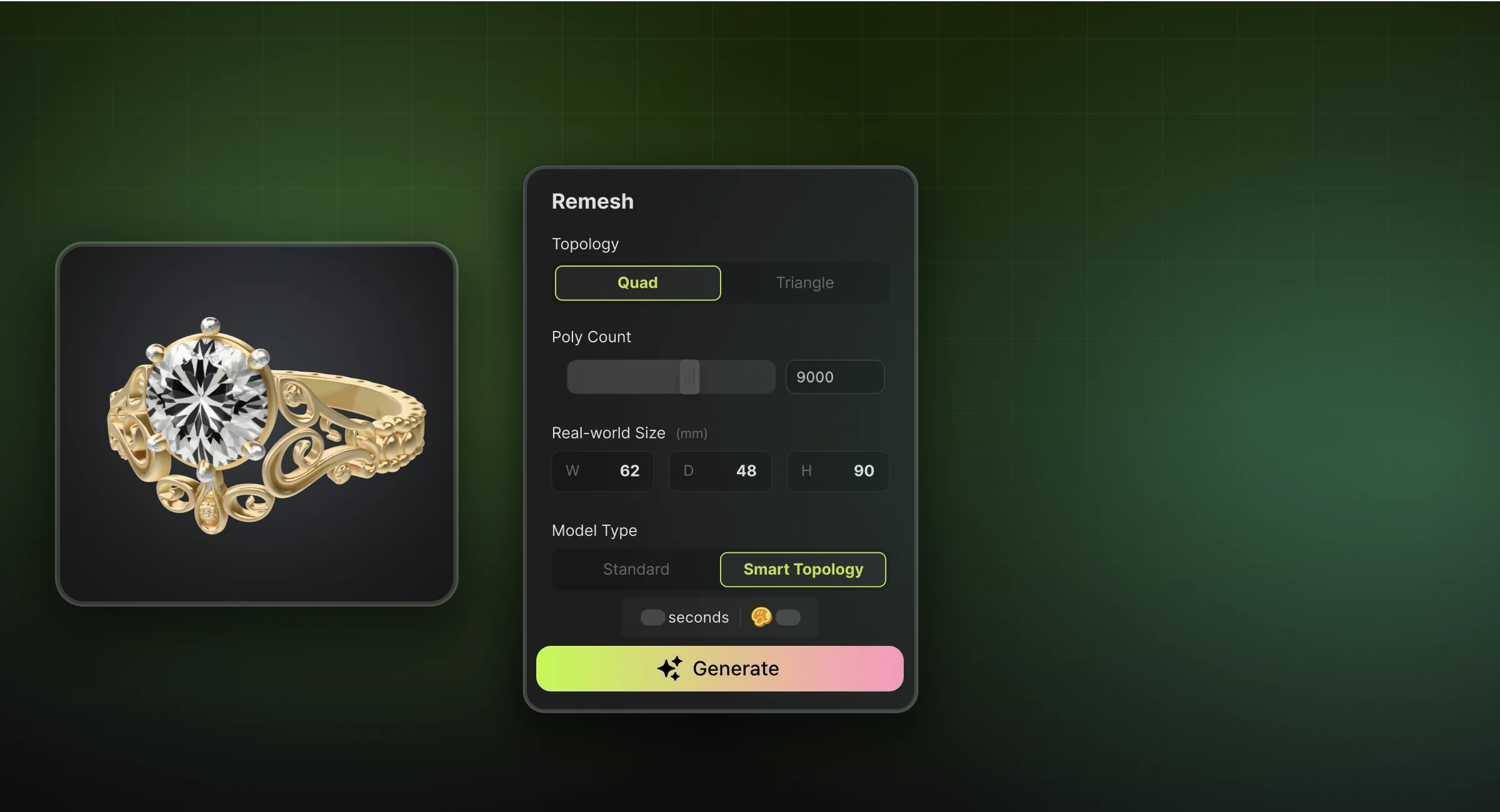 Panneau Meshy Remesh : configure la topologie en quads, le nombre de polygones et les dimensions en millimètres pour une bague 3D prête à imprimer