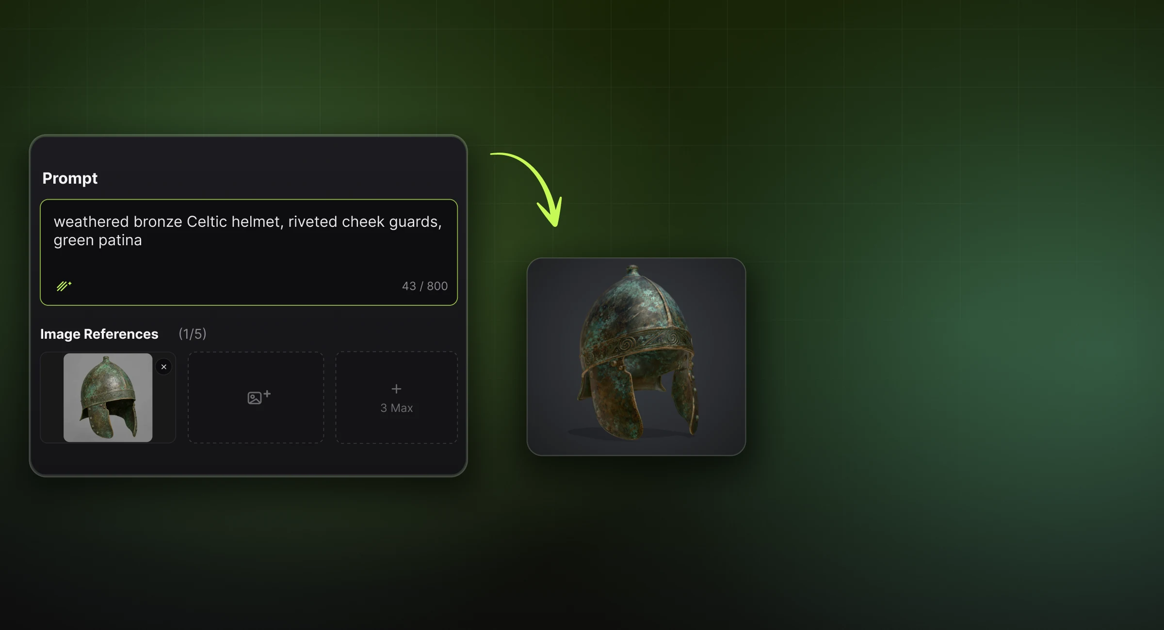 Meshy prompt box reading weathered bronze Celtic helmet beside the generated 3D artifact model