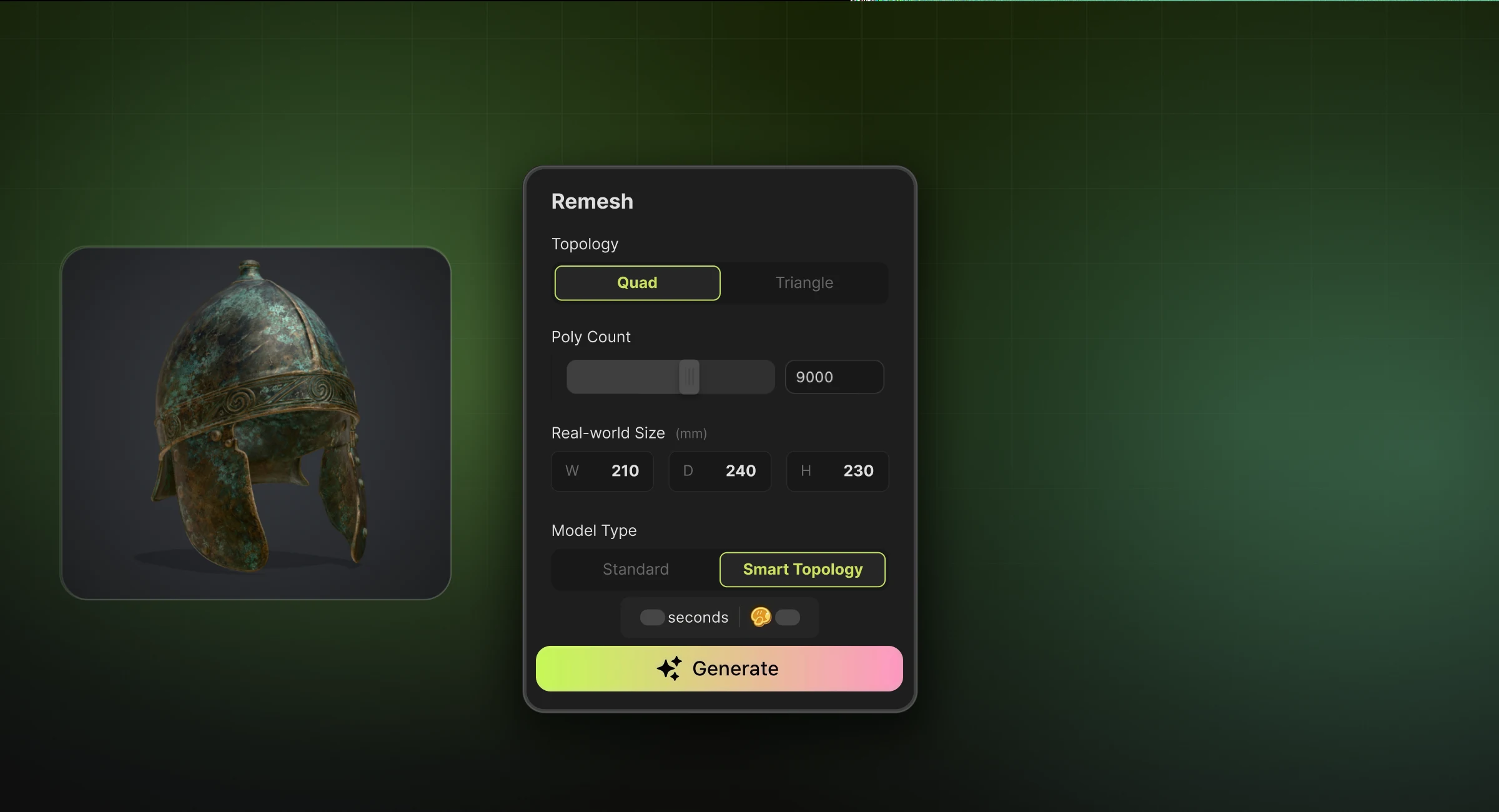 Meshy Remesh panel showing polycount and topology settings applied to a museum artifact model