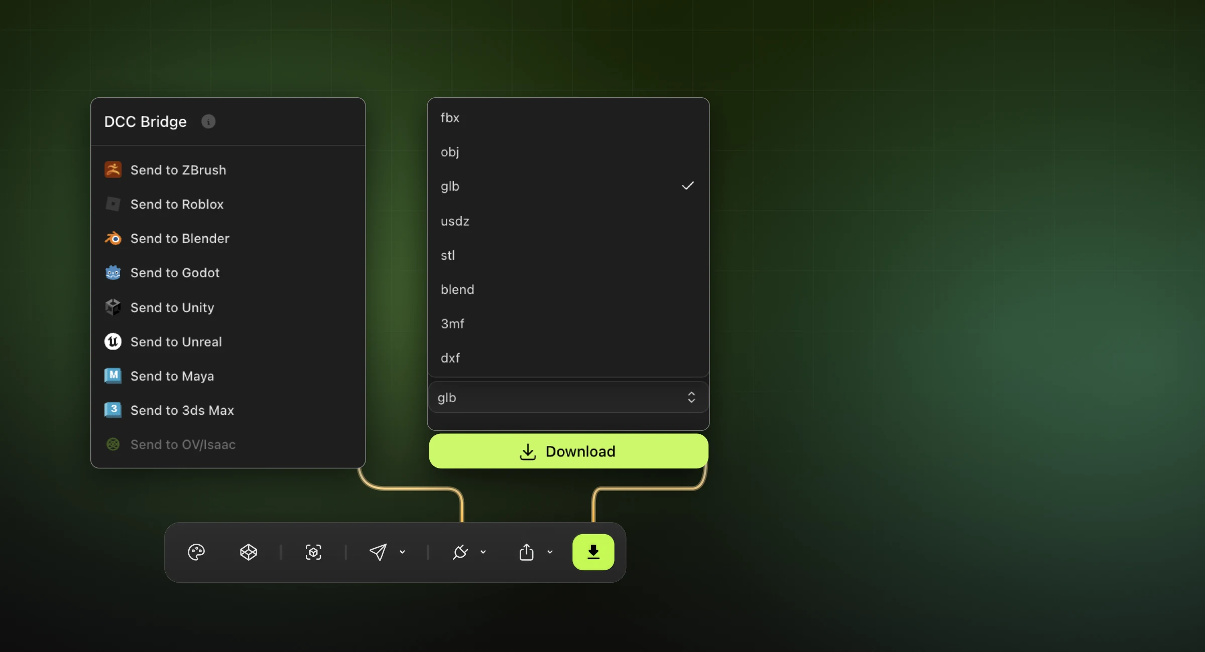 Export panel with eight download formats and the artifact opened in a virtual gallery scene