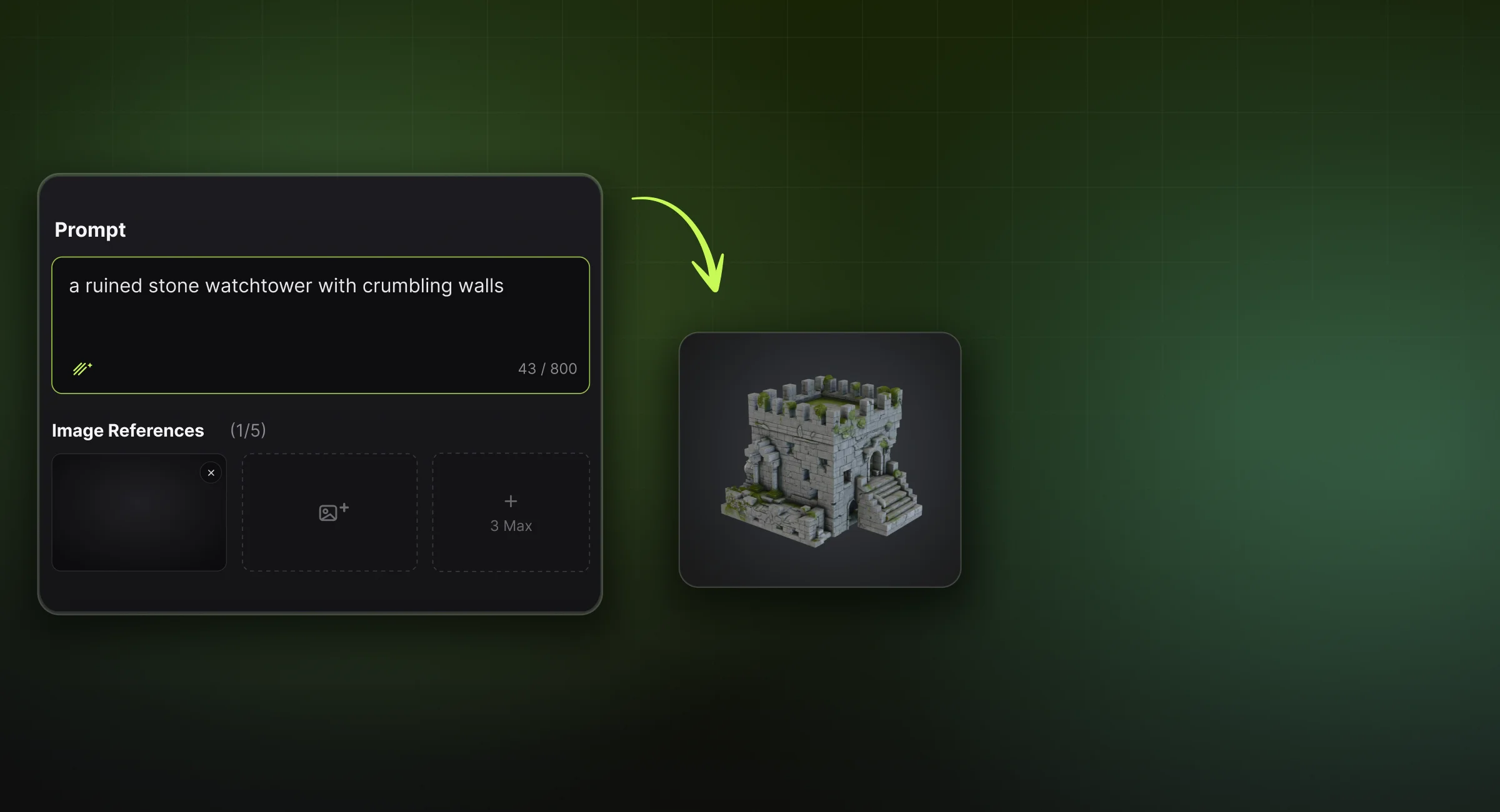 Text prompt describing 3D printable dungeon tile terrain in Meshy