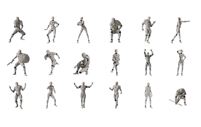 Meshy animation library example with multiple game-ready motion poses.