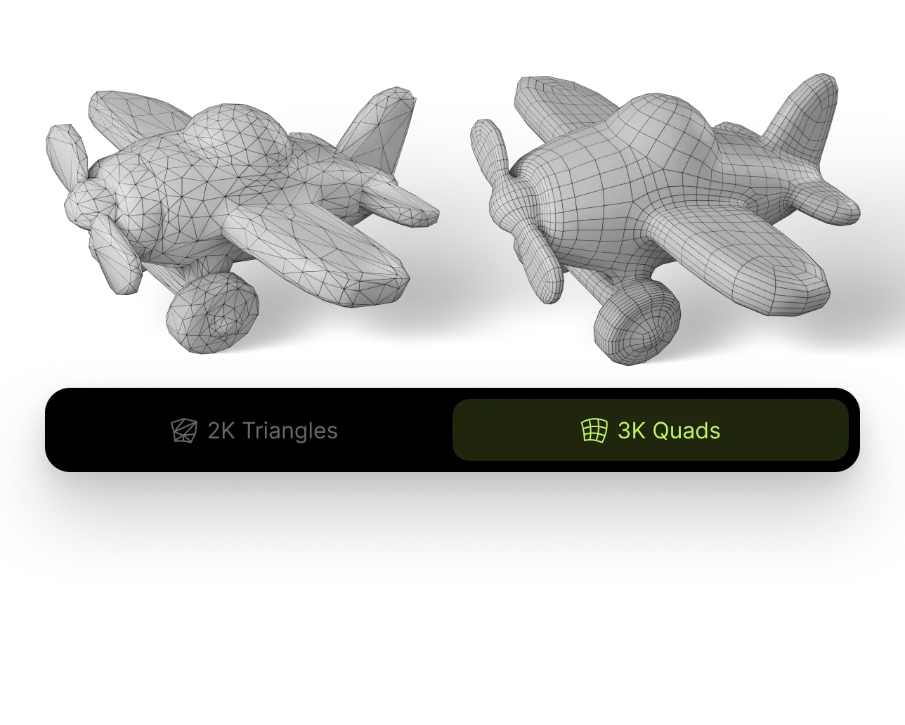 Meshy smart remesh example showing topology adjustment from triangles to quads.