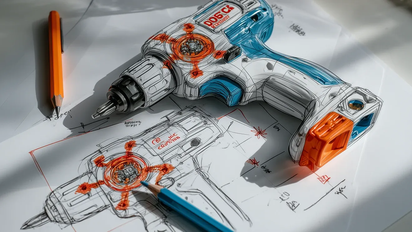 Product design visual on Meshy showing a prototype concept and design sketch.