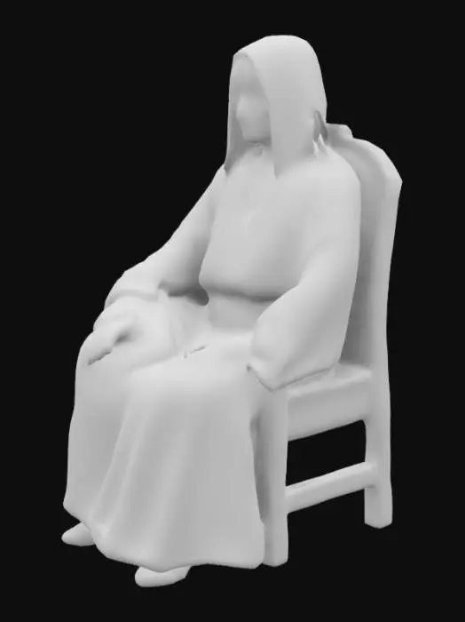 3D model for mujer hebrea antigua, con traje tipico, sentada en una silla lavando ropa