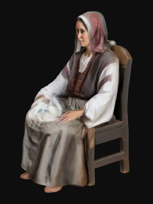 3D model for mujer hebrea antigua, con traje tipico, sentada en una silla lavando ropa