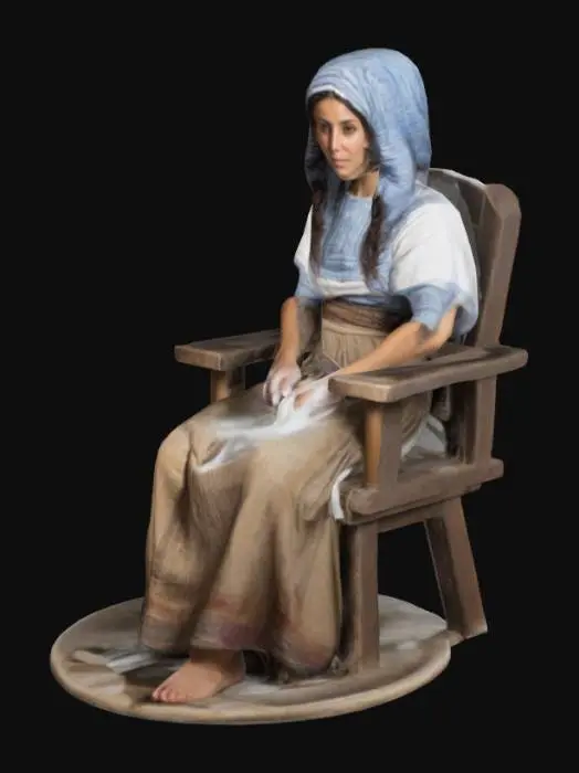 3D model for mujer hebrea antigua, con traje tipico, sentada en una silla lavando ropa