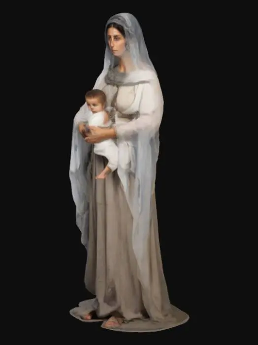 3D model for mujer hebrea antigua, con velo en la cabeza, las facciones de la cara bien marcadas, traje hasta los pies, con un niño pequeño en brazos