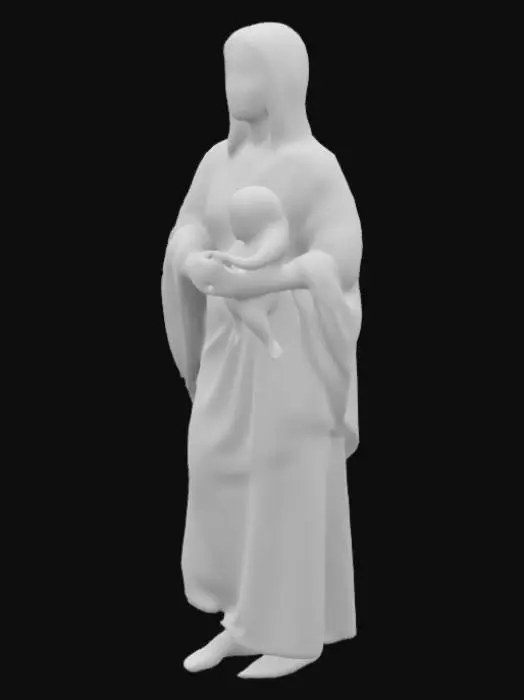 3D model for mujer hebrea antigua, con velo en la cabeza, las facciones de la cara bien marcadas, traje hasta los pies, con un niño pequeño en brazos