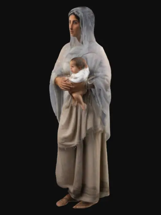 3D model for mujer hebrea antigua, con velo en la cabeza, las facciones de la cara bien marcadas, traje hasta los pies, con un niño pequeño en brazos