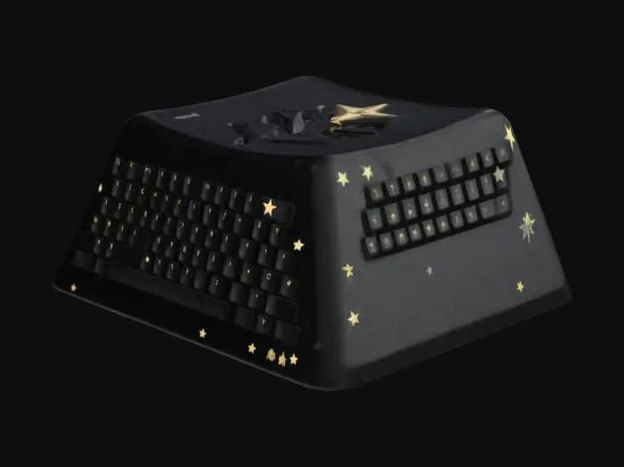 3D model for A key cap for a keyboard, just a standard shaped keyboard key cap, but with a star stamped into the face of it instead of a number or letter.