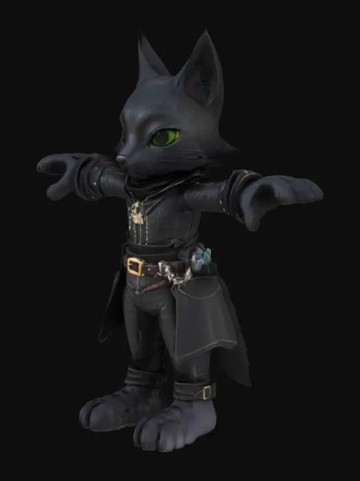 3D model for a black catfolk rogue form D&D. He wears a black leather thief's outfit. T-pose