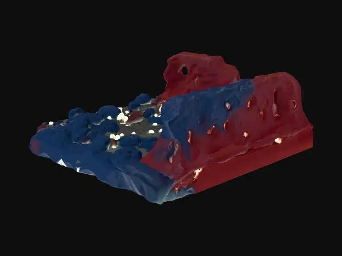 3D model for Please create a 3D cave interior filled with mystical atmosphere. The cave walls and ceiling should be embedded with glowing crystals that emit soft, colorful light. Ancient hieroglyphs and symbolic drawings should be carved into the walls, suggesting forgotten cosmic knowledge. The space should feel sacred and mysterious, with a slightly dark tone and subtle energy particles floating in the air. The overall environment must complement a sarcophagus made of extraterrestrial material, enhancing its presence as the focal point.