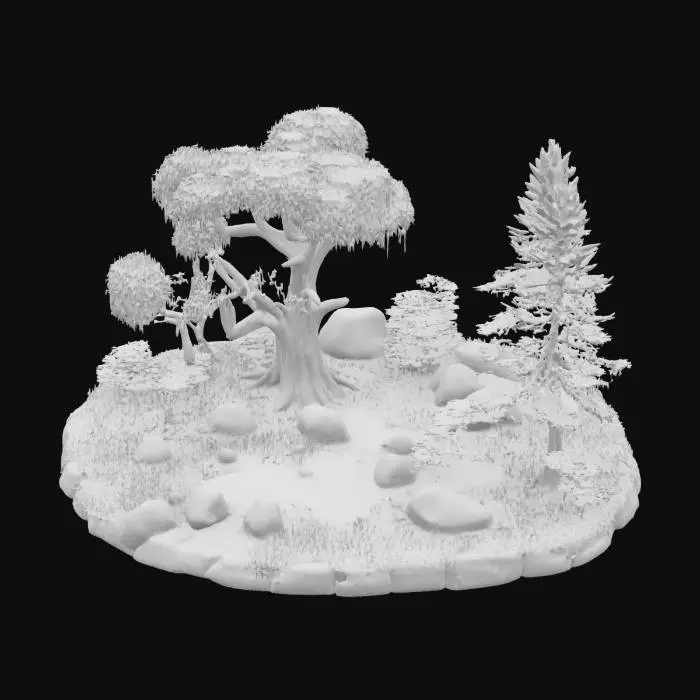 3D model for create a small forest area with big trees, grass, rocks, puddles and soil