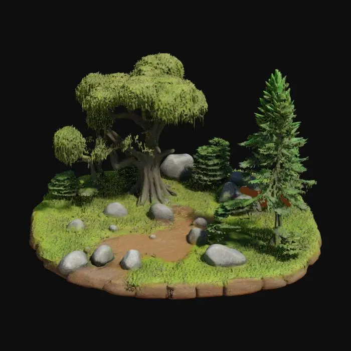 3D model for create a small forest area with big trees, grass, rocks, puddles and soil
