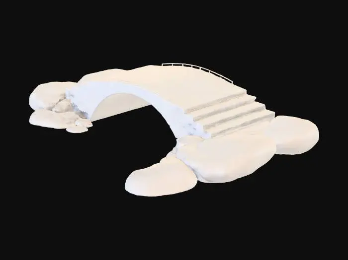 3D model for 一座雅致的小拱桥，桥身由浅灰至深黑的水墨渐变色构成，呈现出古朴石材的平滑与轻微磨损感。桥面纹理宛如宣纸上晕染的墨迹，触感应是清凉而坚实的。桥下溪流清澈，以半透明的墨色层叠描绘水波流转，部分留白处泛着微光，质地细腻如丝，整体呈现出一种宁静、写意的水墨画立体感。