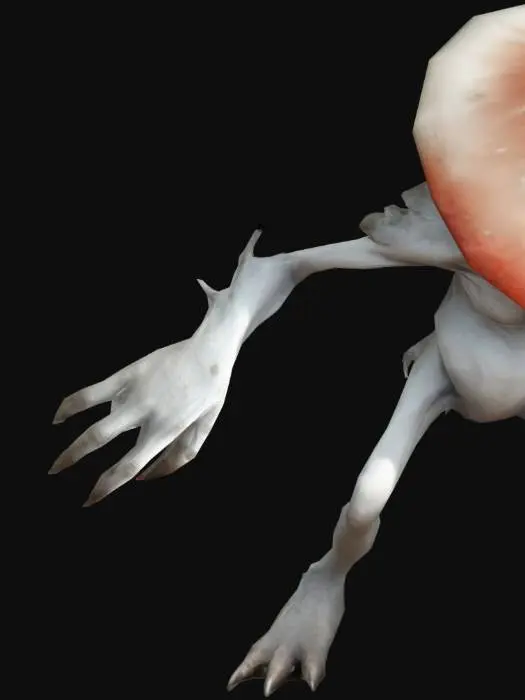 3D model for Monstrous creature, grotesque and terrifying, front view, dynamic pose, horror aesthetic, RetroXL, toon (style), flat color, white outline, full body. The mushroom/tree hybrid creature is hidden in the forests ground,  and ambushes its prey when it is careless. Its enormous deadly claws are built for pulling them underground. The creature radiates an overwhelming, nightmarish presence. lora:RetroToonXL_Style-10-IL:1, white background, !important, CharacterDesignIllustrious.