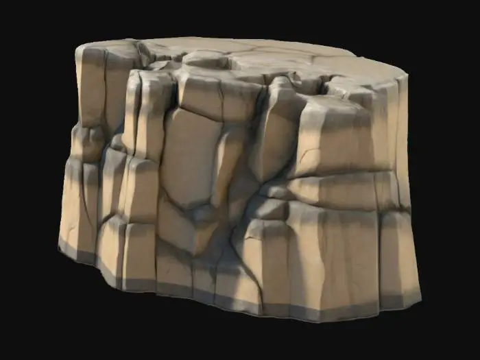 3D model for A simple, Stylized, 3D model of a chibi-style cliff convex corner segment.
Details:
   Connected outward to form a convex edge.
 Jagged, angular rock formations with warm  beige and dark gray tones.
 Subtle cracks and weathered textures for realism.
 Slight variation in rock sizes and edges.
The overall style is reminiscent of a fantasy or action-adventure game similar to The Legend of Zelda.
Stylized, Fantasy, Game Assets, Legend of Zelda, World of Warcraft, League of Legends, Pixar Style