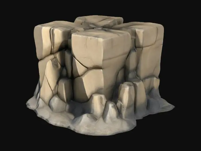 3D model for A simple, Stylized, 3D model of a chibi-style cliff convex corner segment.
Details:
   Connected outward to form a convex edge.
 Jagged, angular rock formations with warm  beige and dark gray tones.
 Subtle cracks and weathered textures for realism.
 Slight variation in rock sizes and edges.
The overall style is reminiscent of a fantasy or action-adventure game similar to The Legend of Zelda.
Stylized, Fantasy, Game Assets, Legend of Zelda, World of Warcraft, League of Legends, Pixar Style