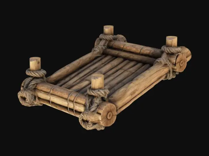 3D model for A stylized 3D model of a chibi-style Wooden Raft.
Details:
 A small modular raft made from thick polished logs tightly bound together with sturdy ropes.
 The logs feature soft rounded edges.
 The ropes appear weathered yet strong, with detailed, hand-tied knots securing the logs.
The overall style is reminiscent of a fantasy or action-adventure game similar to The Legend of Zelda.
Stylized, Fantasy, Game Assets, Legend of Zelda, World of Warcraft, League of Legends, Pixar Style