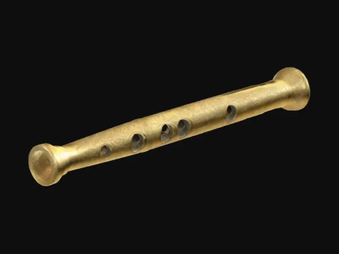 3D model for A stylized 3D model of a chibi-style Recorder.
Details:
 A slender golden flute, crafted from smooth, polished metal.
 The body features three symmetrically placed finger holes, each encircled by subtle, engraved rune.
 A mouthpiece with intricate carvings reminiscent of ancient musical relics
The overall style is reminiscent of a fantasy or action-adventure game similar to The Legend of Zelda.
Stylized, Fantasy, Game Assets, Legend of Zelda, World of Warcraft, League of Legends, Pixar Style