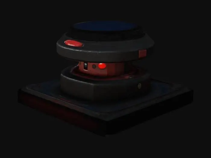 3D model for A stylized 3D model of a chibi-style red pressure floor switch.
 Small, rectangular red button embedded into a black metallic base.
 Designed for interactive environments in puzzle dungeons.
The overall style is reminiscent of a fantasy or action-adventure game similar to The Legend of Zelda.
Stylized, Fantasy, Game Assets, Legend of Zelda, World of Warcraft, League of Legends, Pixar Style