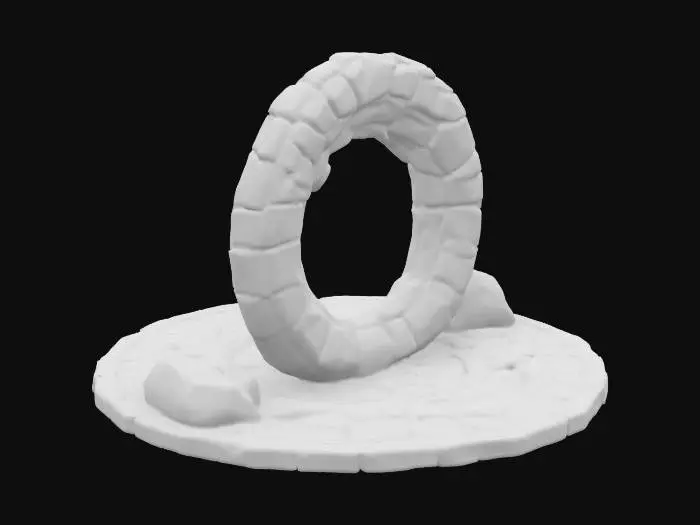 3D model for A stylized 3D model of a glitch-infused portal designed for a fantasy-tech VR game world. The portal structure is a floating circular frame built from fractured stone and metal segments, held together by flickering pixel seams and glowing voxel shards. The outer ring is adorned with etched circuit-glyphs and broken rune engravings, cyan and violet light. Inside the frame is a shimmering static field of pixelated distortion, frozen mid-glitch — like a paused CRT screen with scanlines, interference artifacts, and swirling pixel noise.
Several angular base stones beneath the portal are marked with corrupted runes and chipped glowing glyphs. Designed for stylized world magical-digital world. Stylized, Fantasy-Tech, Glitched, Game Asset, Pixar Style, Highly Detailed, Legend of Zelda Inspired..