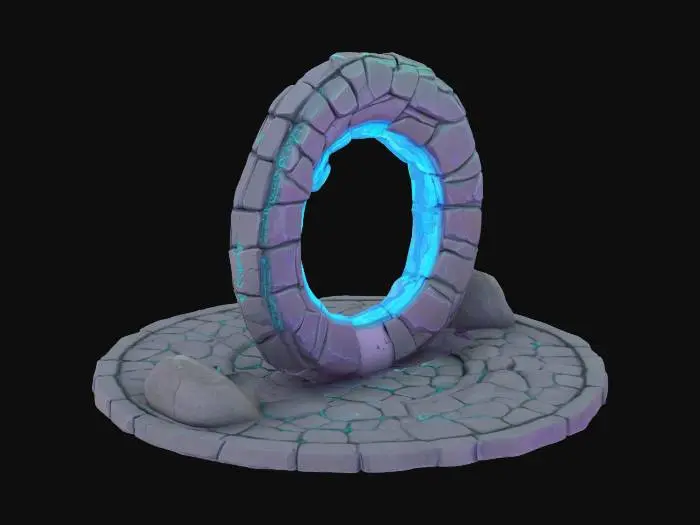 3D model for A stylized 3D model of a glitch-infused portal designed for a fantasy-tech VR game world. The portal structure is a floating circular frame built from fractured stone and metal segments, held together by flickering pixel seams and glowing voxel shards. The outer ring is adorned with etched circuit-glyphs and broken rune engravings, cyan and violet light. Inside the frame is a shimmering static field of pixelated distortion, frozen mid-glitch — like a paused CRT screen with scanlines, interference artifacts, and swirling pixel noise.
Several angular base stones beneath the portal are marked with corrupted runes and chipped glowing glyphs. Designed for stylized world magical-digital world. Stylized, Fantasy-Tech, Glitched, Game Asset, Pixar Style, Highly Detailed, Legend of Zelda Inspired..