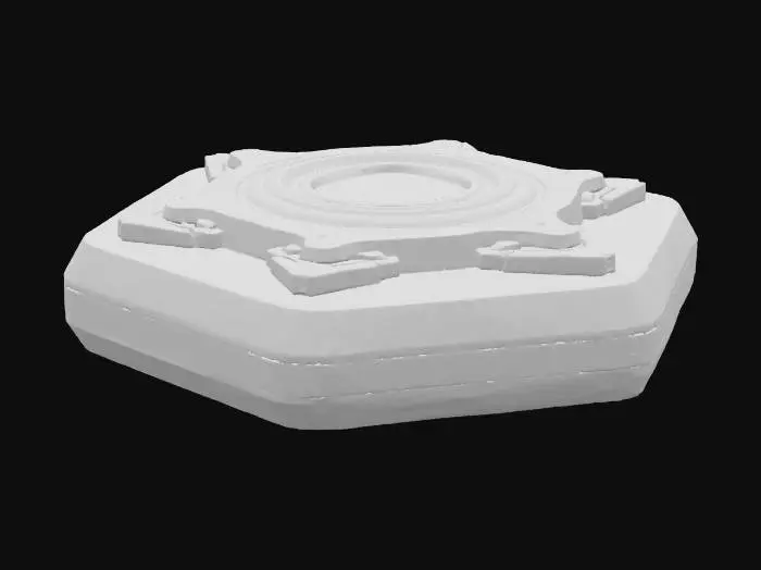 3D model for A spinner base, an octagonal hub crafted from sleek, dark navy material, features precise slots on its edges for connecting arms. Its surface is smooth and matte, contrasting with vibrant cyan glowing lines that trace its geometric contours and highlight the arm attachment points. The base is sturdy and low-profile, designed to mount flush with surfaces, providing a stable, visually integrated anchor for rotating hazards.