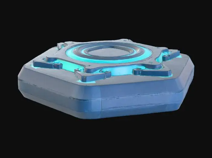 3D model for A spinner base, an octagonal hub crafted from sleek, dark navy material, features precise slots on its edges for connecting arms. Its surface is smooth and matte, contrasting with vibrant cyan glowing lines that trace its geometric contours and highlight the arm attachment points. The base is sturdy and low-profile, designed to mount flush with surfaces, providing a stable, visually integrated anchor for rotating hazards.