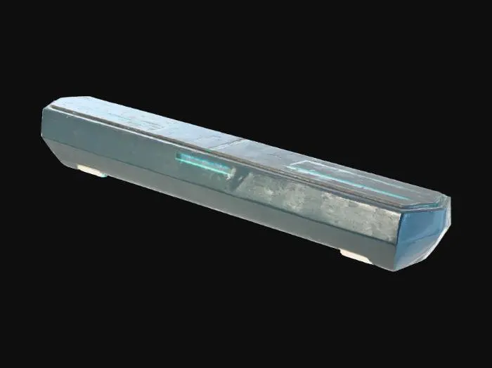 3D model for A spinner arm, a sleek, elongated rectangular panel with sharply defined edges, is cast in a dark navy material. Its length is bordered by continuous, vibrant cyan glowing strips that emphasize its linear form and can scale seamlessly. The surface is smooth and faintly reflective, conveying a robust, lightweight plastic or composite. Its angular profile ensures a consistent appearance whether short or extended, attaching securely to a central base.
