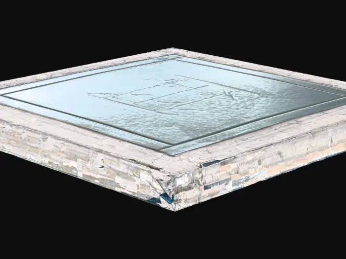 3D model for A floor tile, a perfectly flat square panel, is cast in a dark navy material with a subtle, embedded glowing cyan grid pattern that covers its surface. The texture is smooth and low-friction, indicating a durable, non-slip composite. It feels cool and stable underfoot, providing clear visual guidance through its soft, uniform luminescence.